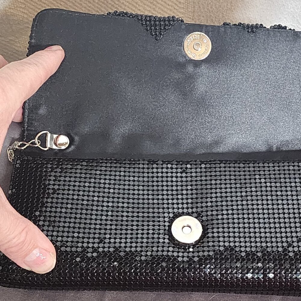 Sparkling Black Sequin Bow and Chain Mail Dress Clutch Bag Silver Shoulder Strap - Picture 13 of 16